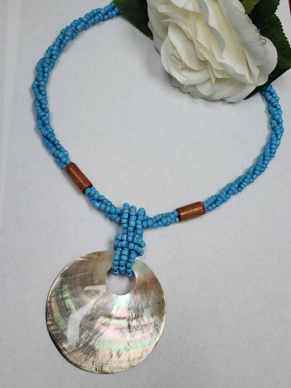Faux Turquoise Glass Beaded Necklace with Shell Pendant And Wood Bead Accents